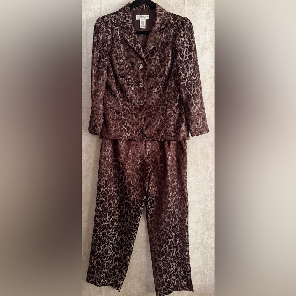 JACKIE JON NY 2PC Formal Leopard Animal Print Button Jacket Pant Suit Set Sz 8